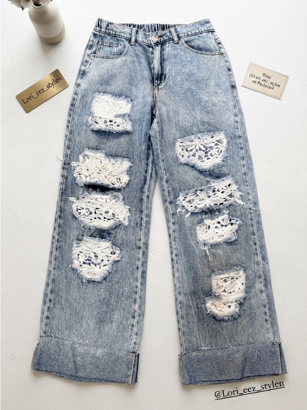 Light Blue Lace-Inset Wide Leg Jeans - Women's Flare